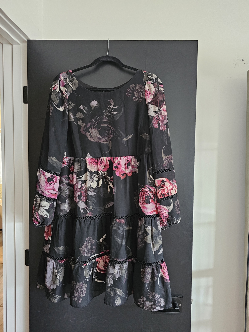 Gabby Skye Black Dress with Pink Rose Floral Print